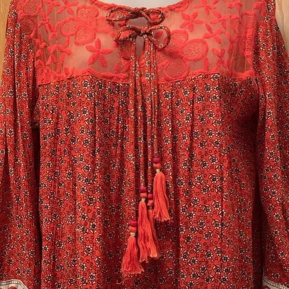 Boho Red Lace Print Long Sleeved Dress S R Fashion - Picture 6 of 13